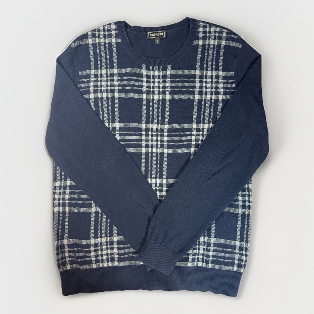 Express Men's L Navy Plaid Cotton Sweater Crew Neck Long Sleeve Classic Knit